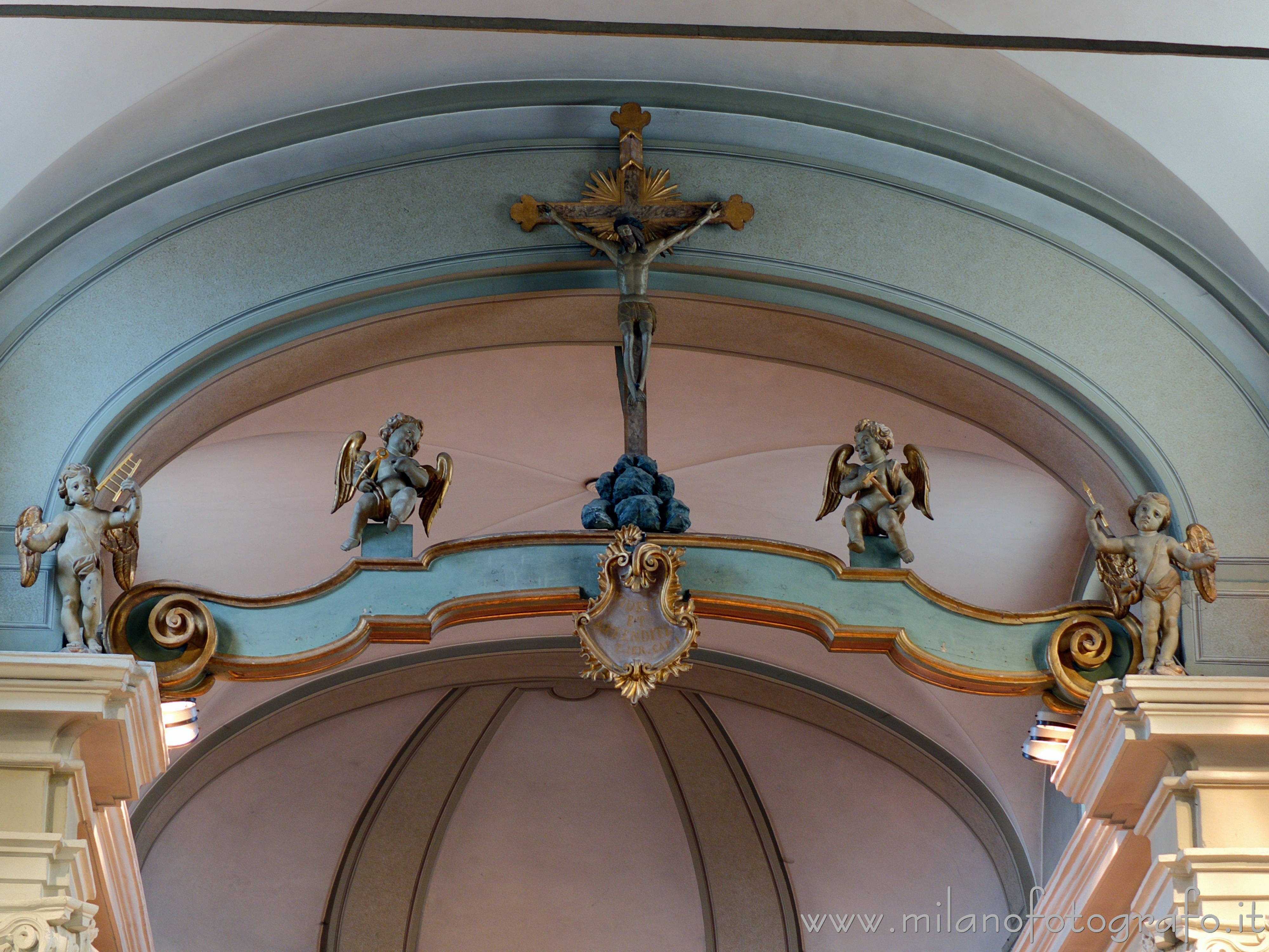 Montevecchia (Lecco, Italy) - Beam placed above the entrance to the presbytery of the Sanctuary of the Blessed Virgin of Carmel